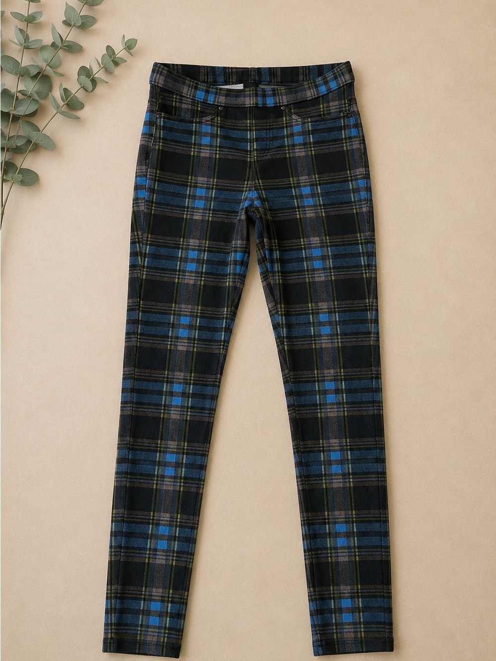 HUE Plaid Pull-On Jeggings Women’s Small Blue Green Stretch Skinny Pants